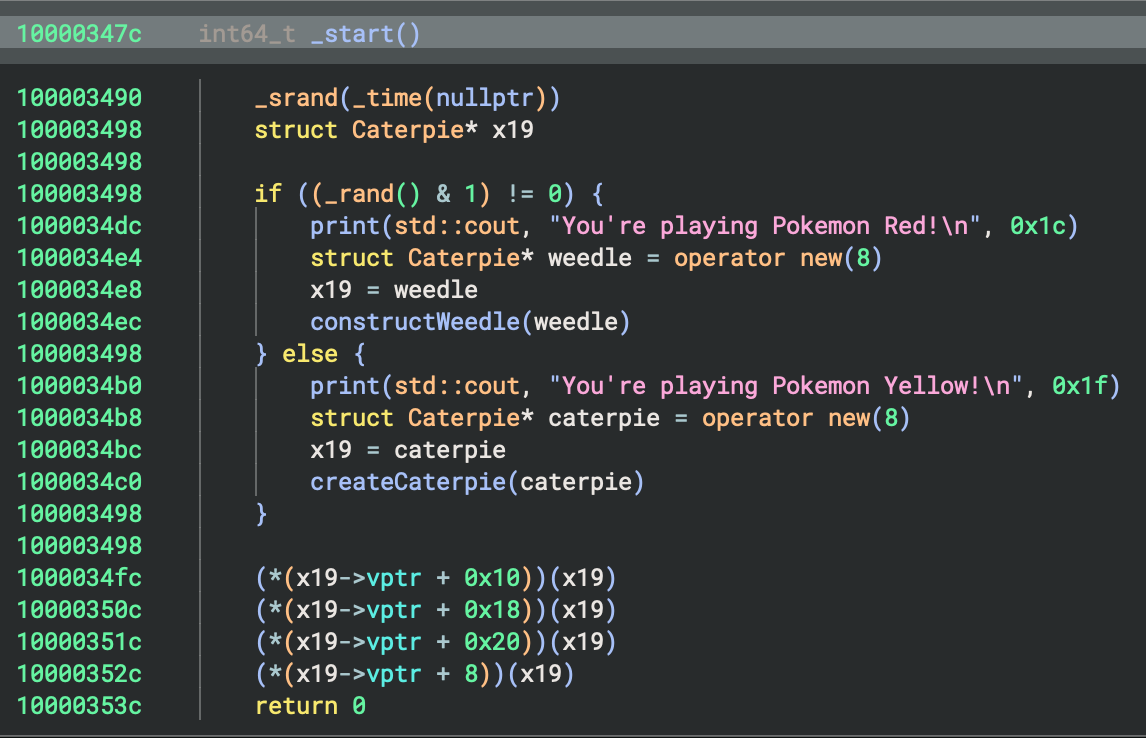 Binary Ninja HLIL of the _start function, slightly more marked up.