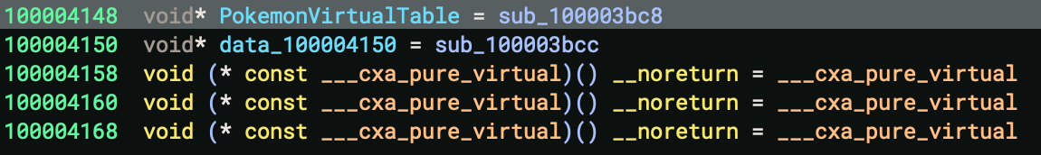 Binary Ninja showing the unlabeled Pokemon Virtual Table.