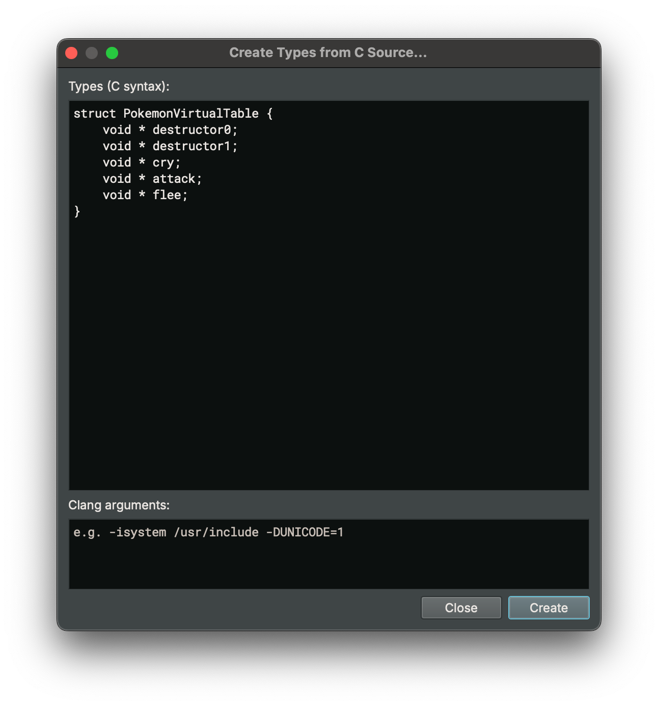 The Binary Ninja structure editor showing the definition of the PokemonVirtualTable.