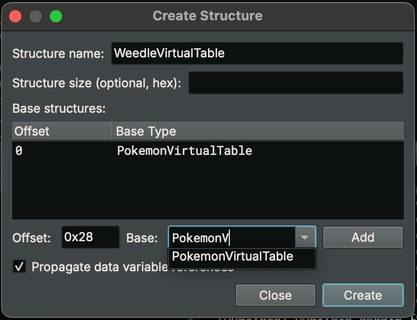 The Binary Ninja structure editor creating a WeedleVirtualTable with a base of a PokemonVirtualTable.