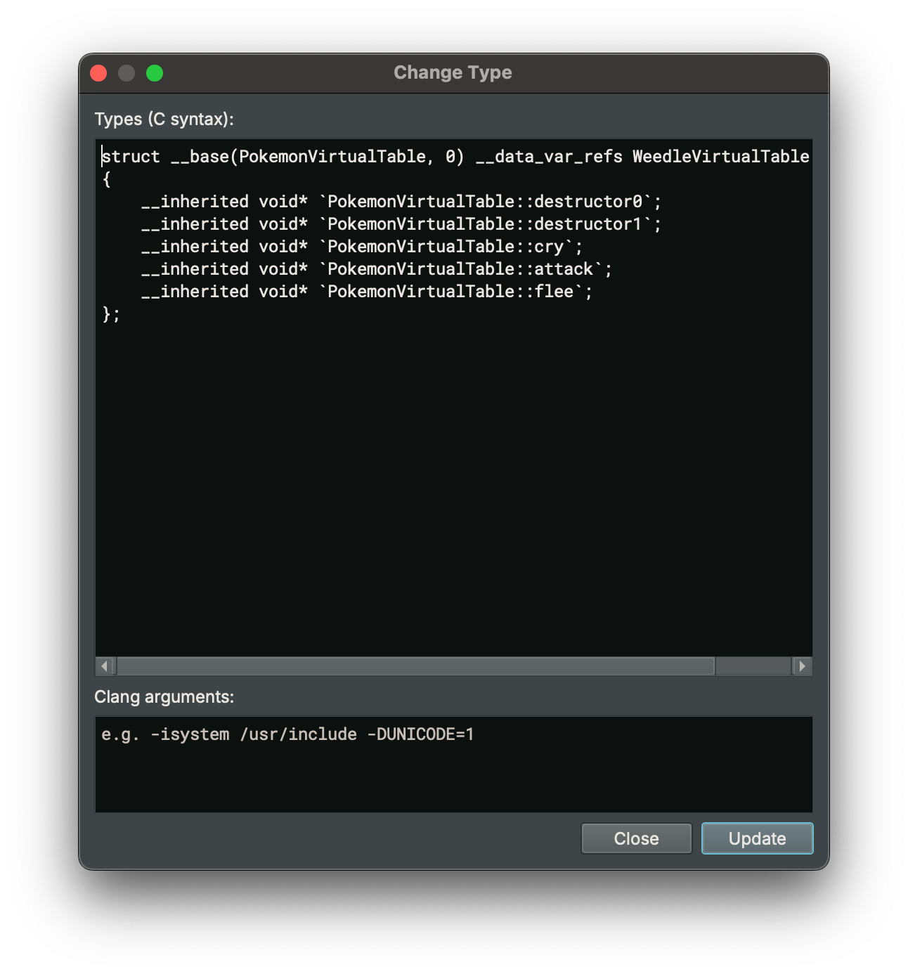 C syntax structure editor showing the PokemonVirtualTable structure.