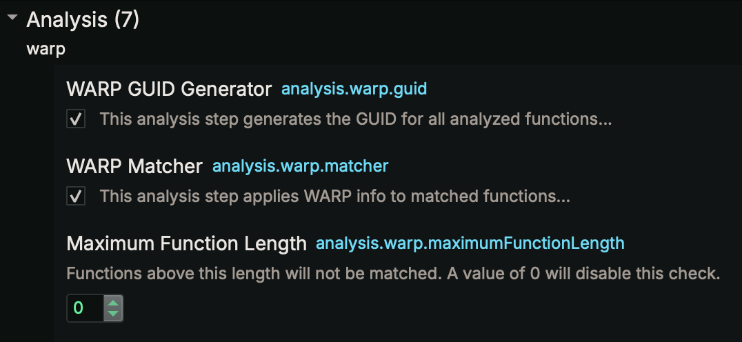 WARP analysis options in Binary Ninja.