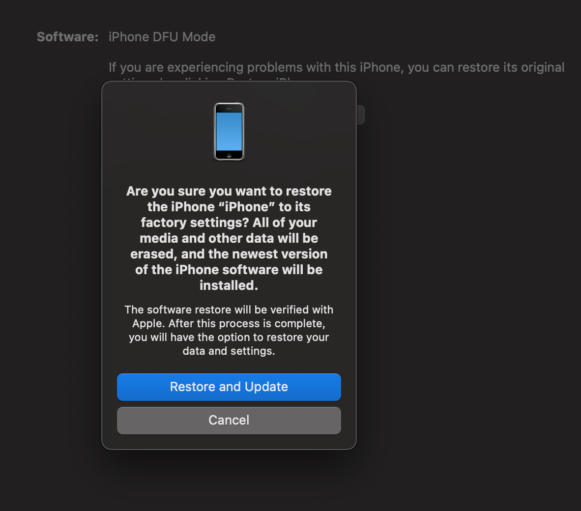 Finder prompting to "Restore and Update" the iPhone 3G.