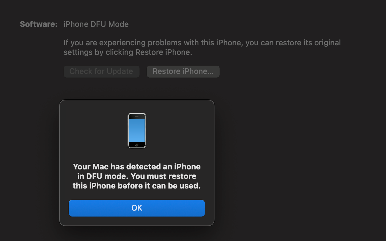 Finder displaying a popup saying "Your Mac has detected an iPhone in DFU mode. You must restore this iPhone before it can be used".